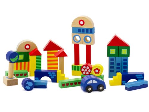 Fa építőkocka készlet autóval Goula